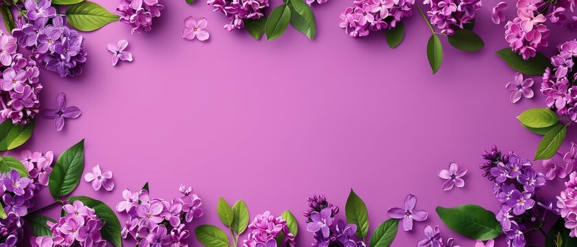  Pink background with purple flowers and green leaves, suitable for adding text or an image
