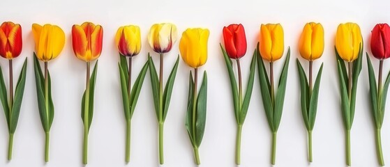  Row of red, yellow, and green tulips with long green stems in the center - obrazy, fototapety, plakaty