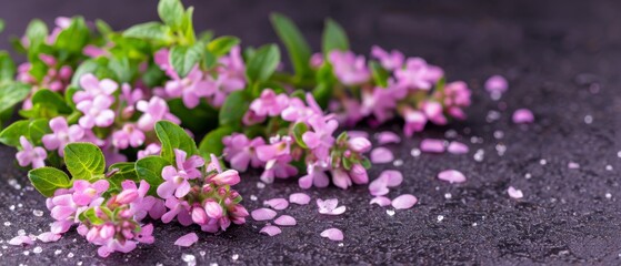   A pile of pink flowers sits on a black table beside green leaves and sprinkles