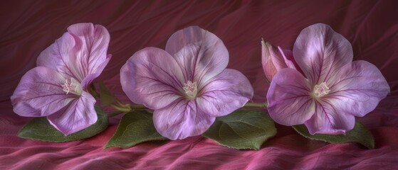   Three pink flowers rest atop a pink cloth-covered bed beside a green, leafy plant