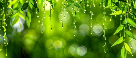   A close-up of several water droplets on a green, leafy plant with a blurred background due to a shallow depth of field caused by a narrow aperture