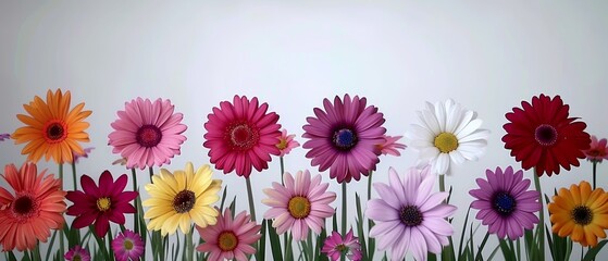   A row of colorful flowers on a white background against a white wall