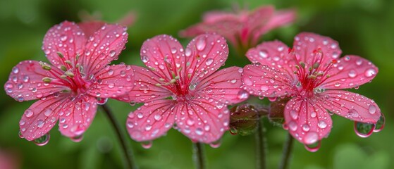   A cluster of dew-covered pink blossoms against a verdant backdrop featuring similar flora up close