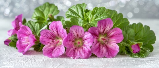   A collection of pink blossoms resting atop a white surface adjacent to a lush green foliage plant perched on a tabletop