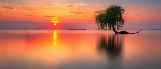   A solitary tree stands amidst a vast expanse of water as the sun sets beyond the horizon - obrazy, fototapety, plakaty