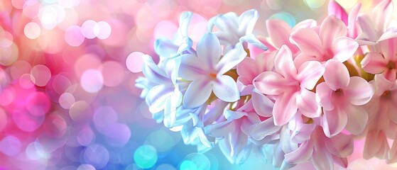   A pink flower arrangement sits atop a blue-pink backdrop with a blurred light source in the background