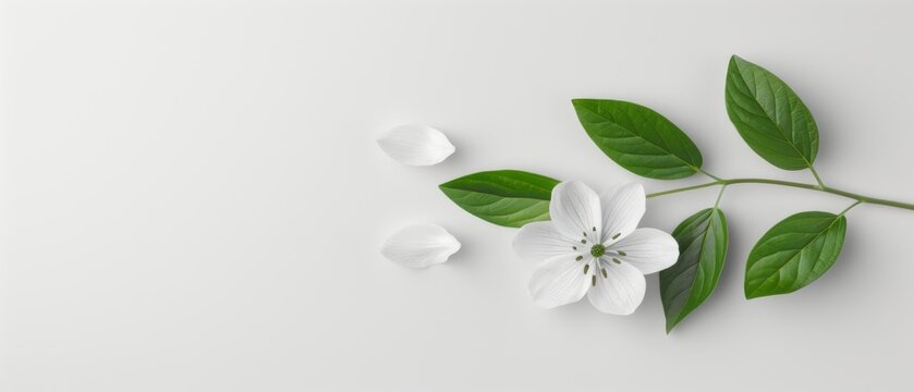   A white flower with green leaves on a white background with space for text or image of white flower with green leaves on white background