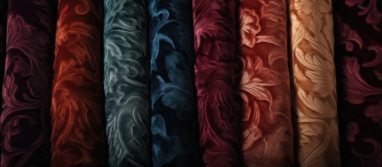 A variety of fabrics in different colors, including Wood, Magenta, and Electric blue, are arranged in a row. The visual arts pattern creates a striking contrast against the darkness