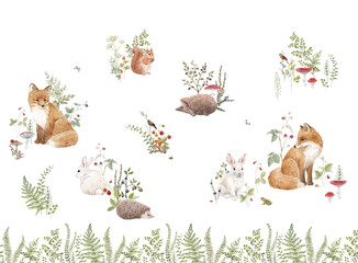 Large size wall mural with hand drawn watercolor forest animals and plants. Stock illustration. - 768439635