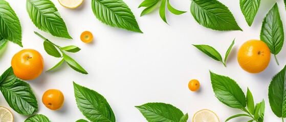   Orange and lemon group with green leaves on a white background