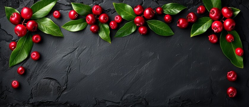   A black stone background features an array of vibrant red berries and lush green foliage, providing ample space for text or imagery to be added
