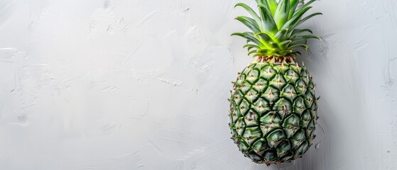   A detailed image of a ripe pineapple against a pure white background, featuring a lush green leaf crowning its peak - obrazy, fototapety, plakaty