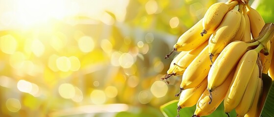   A group of bananas dangling from a banana tree, with the sun filtering through the background trees