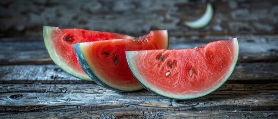   A watermelon group sits on a wooden table