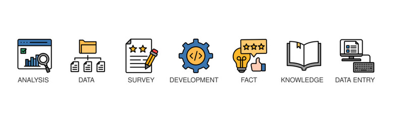 Research banner web icon vector illustration concept with icon of analysis, data, survey, development, fact, knowledge and data entry	