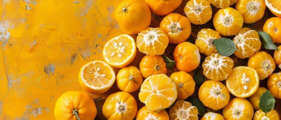   A collection of oranges positioned atop a yellow background and featuring a green foliage perched atop one of them - obrazy, fototapety, plakaty