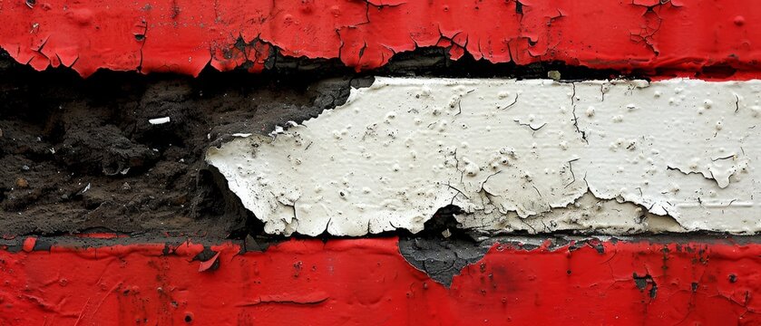   A zoom-in of a red and white wall with peeling paint and a void in its center