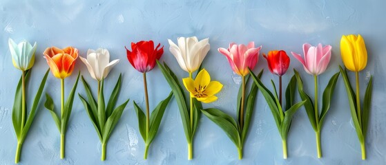   A row of multi-colored tulips on a blue backdrop with lush green stems centered in the arrangement