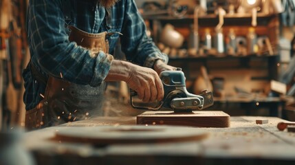 Carpenter sanding wood piece with sander and building handmade furniture piece in workshop