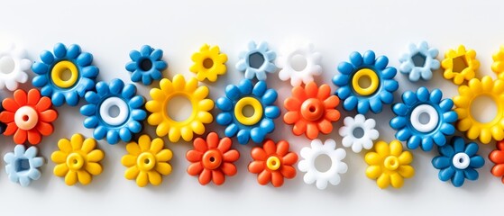 Fototapeta na wymiar Row of colorful plastic flowers on white surface with holes