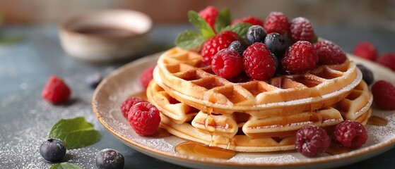 Fresh Raspberries On Baked Waffles. Illustration On The Theme Of Food And Breakfasts. Generative AI