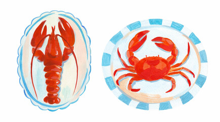 Lobster and crab on plates. Healthy and tasty food. Watercolor hand drawn illustrations. Clip art