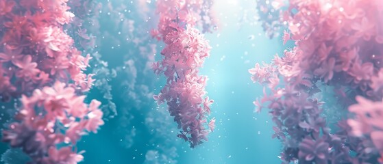   A cluster of pink blossoms buoying above a sapphire waterway, bathed in celestial rays from above - obrazy, fototapety, plakaty