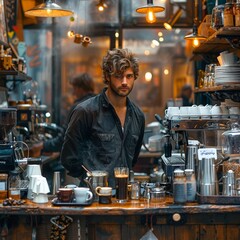 Barista in a retro aesthetic coffee shop - obrazy, fototapety, plakaty