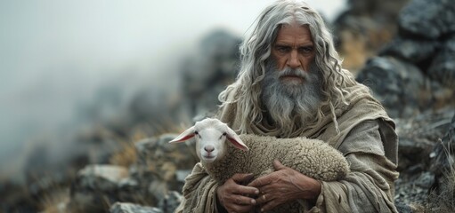 biblical shepherd holding a lamb in his arms