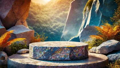 a close-up stone podium scene against a vibrant summer background. Utilize realistic textures and lighting effects to enhance the tactile quality of the podium, while incorporating elements such as pl