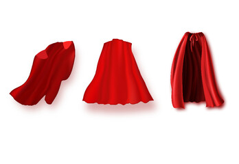 Superhero red cape in different positions, front, side and back view on white background.