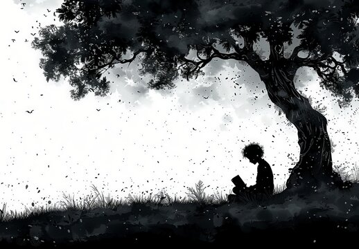Silhouette of a young man reading a book outdoors under a tree