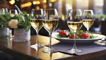 two glasses of champagne on the table, Glasses of white wine served on table in restaurant