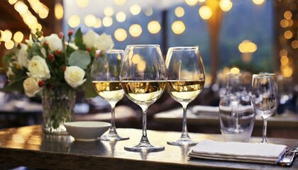 glasses of champagne on table, wallpaper Glasses of white wine served on table in restaurant