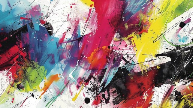 An abstract painting featuring bold brush strokes and splashes of vibrant colors reflecting the chaotic and energetic music on this rock album.
