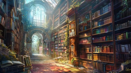Explore ancient library with dusty tomes and crumbling scrolls in fantasy. - obrazy, fototapety, plakaty