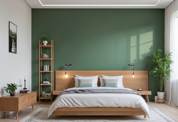 Bedroom interior mockup with green wall and wooden furniture colorful background