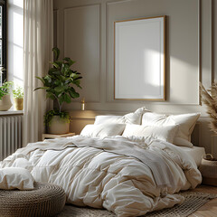 Mockup frame in cozy beige bedroom interior background