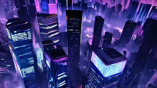 aerial drone view of 3d animation the city with neon futuristic cyberpunk light effects in the night.