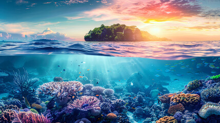 A coral reef with a vibrant sunset in the background, showcasing the colorful marine life and the sun setting on the horizon