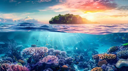 Fotobehang A coral reef with a vibrant sunset in the background, showcasing the colorful marine life and the sun setting on the horizon © Anoo