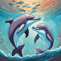 물 속에서 수영하는 귀여운 돌고래들 - obrazy, fototapety, plakaty
