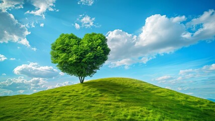 Green grass on slope with heart shape green tree under blue sky. Beauty nature. Good environment. World Environment Day. World day against drought and drought problems.