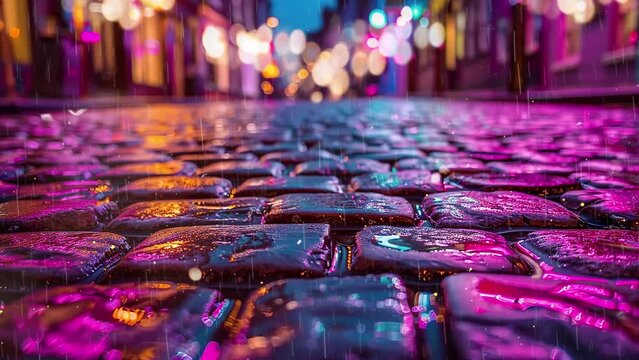 macro closeup of colorful vibrant and cobblestone street with blurred background. seamless looping overlay 4k virtual video animation background