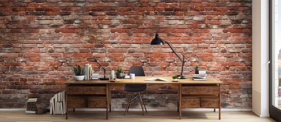 Desk and sleek lamp placed against a textured brick wall, creating a simple yet functional workspace