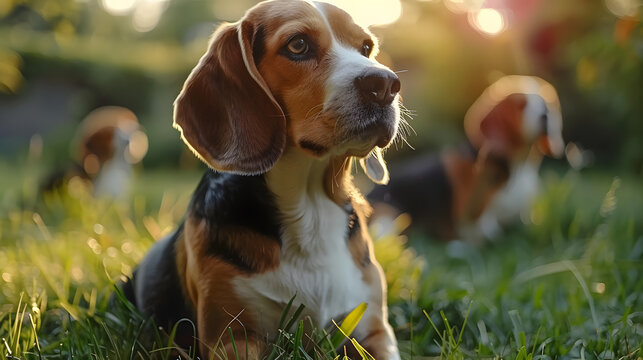 Portrait of a beagle dog in summer on a green lawn