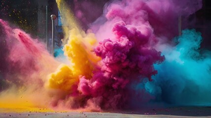 a dynamic and vibrant image capturing the explosive energy of colored powder against a backdrop, each particle suspended in motion, evoking the festive spirit and joyous chaos of a Holi celebration.