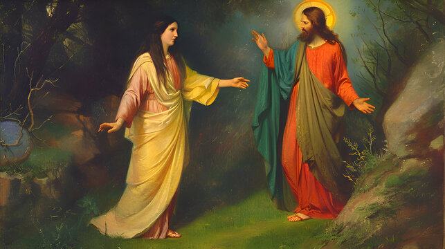 Mary magdalene with jesus after resurrection in the Memorial tomb, easter concept