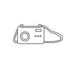 A camera is shown in a black and white drawing. The camera is a small, compact device that is used to capture images. The camera is held by a strap, which is attached to the camera body - obrazy, fototapety, plakaty