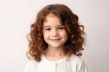 Portrait of a cute little girl with curly hair on gray background